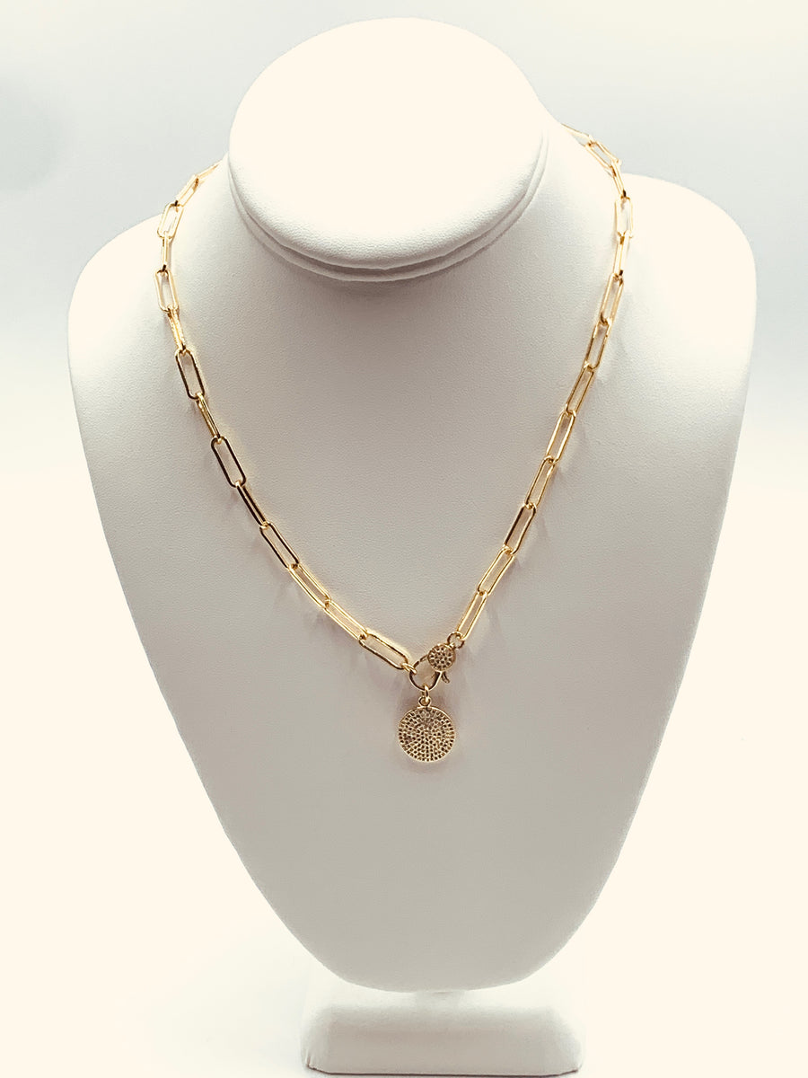 PAPER CLIP LINK COLLECTION-LARGE LINK NECKLACE WITH PAVE LOBSTER CLAW GOLD PLATED AND SILVER PLATED