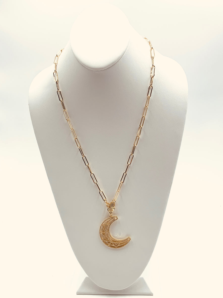 PAPER CLIP LINK COLLECTION-LARGE LINK NECKLACE WITH PAVE LOBSTER CLAW GOLD PLATED AND SILVER PLATED