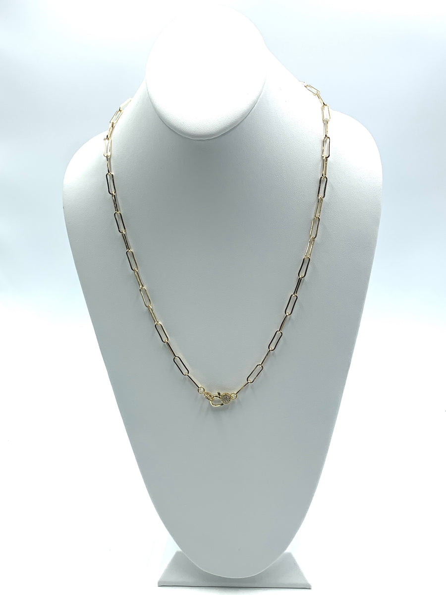 PAPER CLIP LINK COLLECTION-LARGE LINK NECKLACE WITH PAVE LOBSTER CLAW GOLD PLATED AND SILVER PLATED