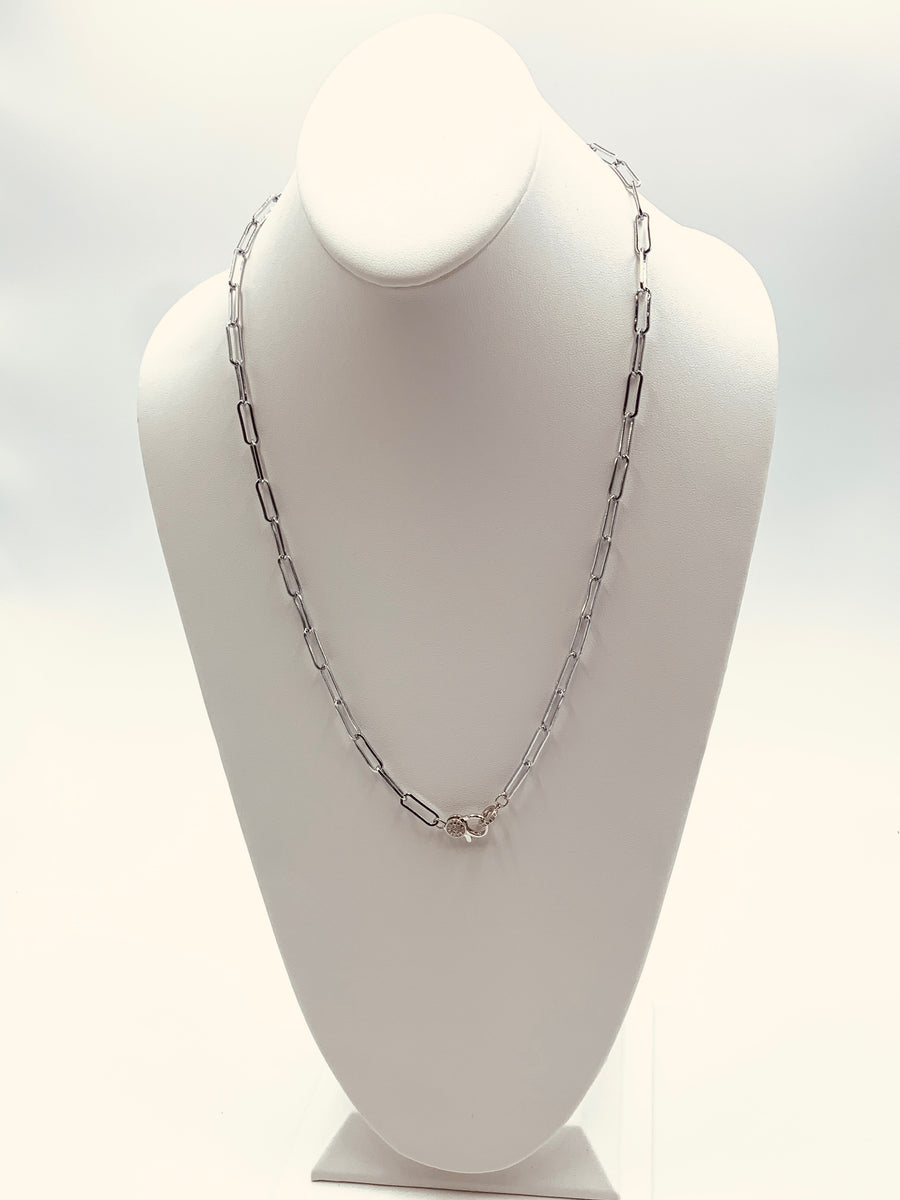 PAPER CLIP LINK COLLECTION-LARGE LINK NECKLACE WITH PAVE LOBSTER CLAW GOLD PLATED AND SILVER PLATED