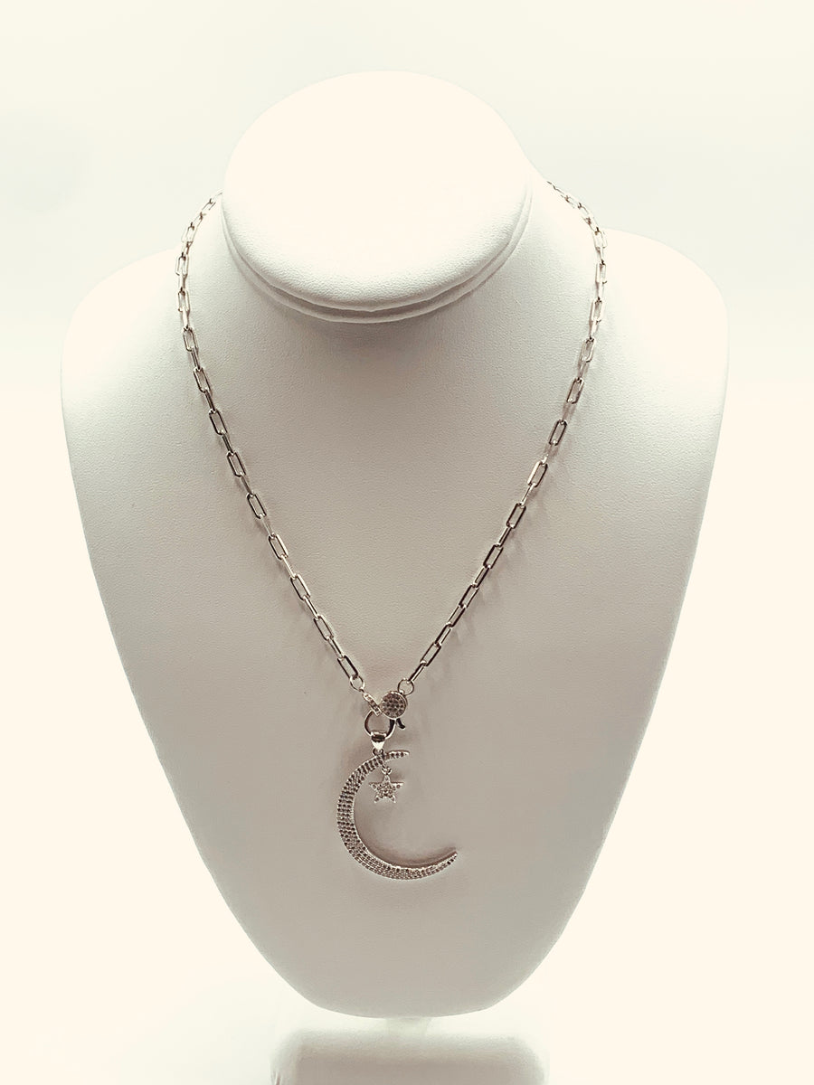 PAPER CLIP CHAIN COLLECTION-MID-SIZE PAPER CLIP NECKLACE-WITH PAVE LOBSTER CLAW GOLD FILLED