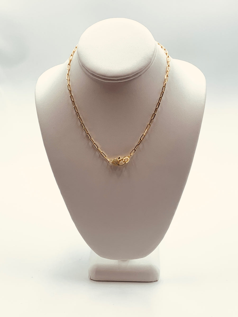 PAPER CLIP CHAIN COLLECTION-MID-SIZE PAPER CLIP NECKLACE-WITH PAVE LOBSTER CLAW GOLD FILLED