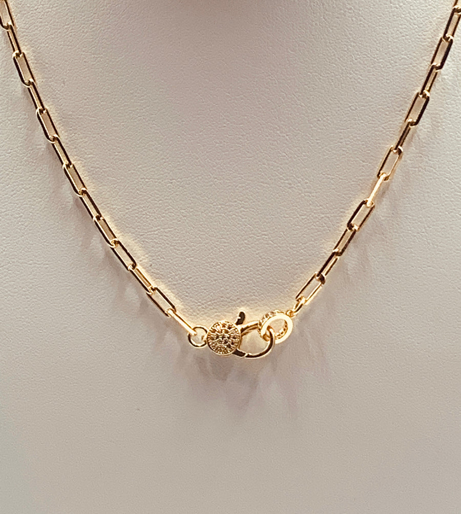 PAPER CLIP CHAIN COLLECTION-MID-SIZE PAPER CLIP NECKLACE-WITH PAVE LOBSTER CLAW GOLD FILLED