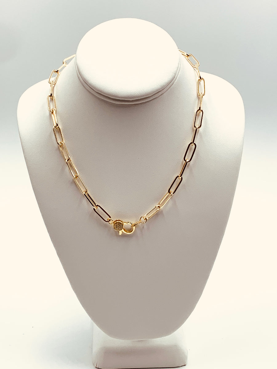 PAPER CLIP LINK COLLECTION- EXTRA LARGE PAPER CLIP NECKLACE WITH PAVE LOBSTER CLAW -GOLD PLATED AND SILVER PLATED