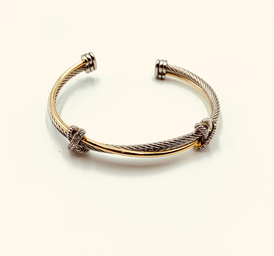 CABLE BRACELET COLLECTION-OPEN 2-TONE CABLE WITH CROSS OVER WIRE BRACELET-WITH PAVE X MOTIF