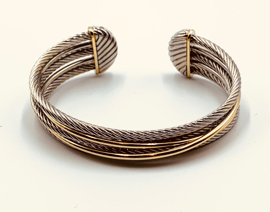 CABLE BRACELET COLLECTION-2-TONE OPEN TRIPLE CABLE WITH DOUBLE WIRE BAR CROSSOVER
