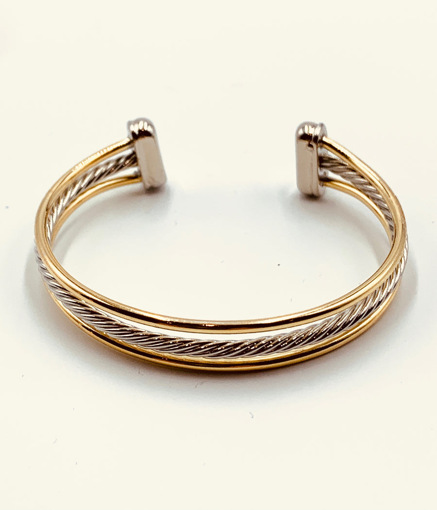 CABLE BRACELET COLLECTION-2-TONE OPEN CABLE WITH DOUBLE WIRE GOLD BAR