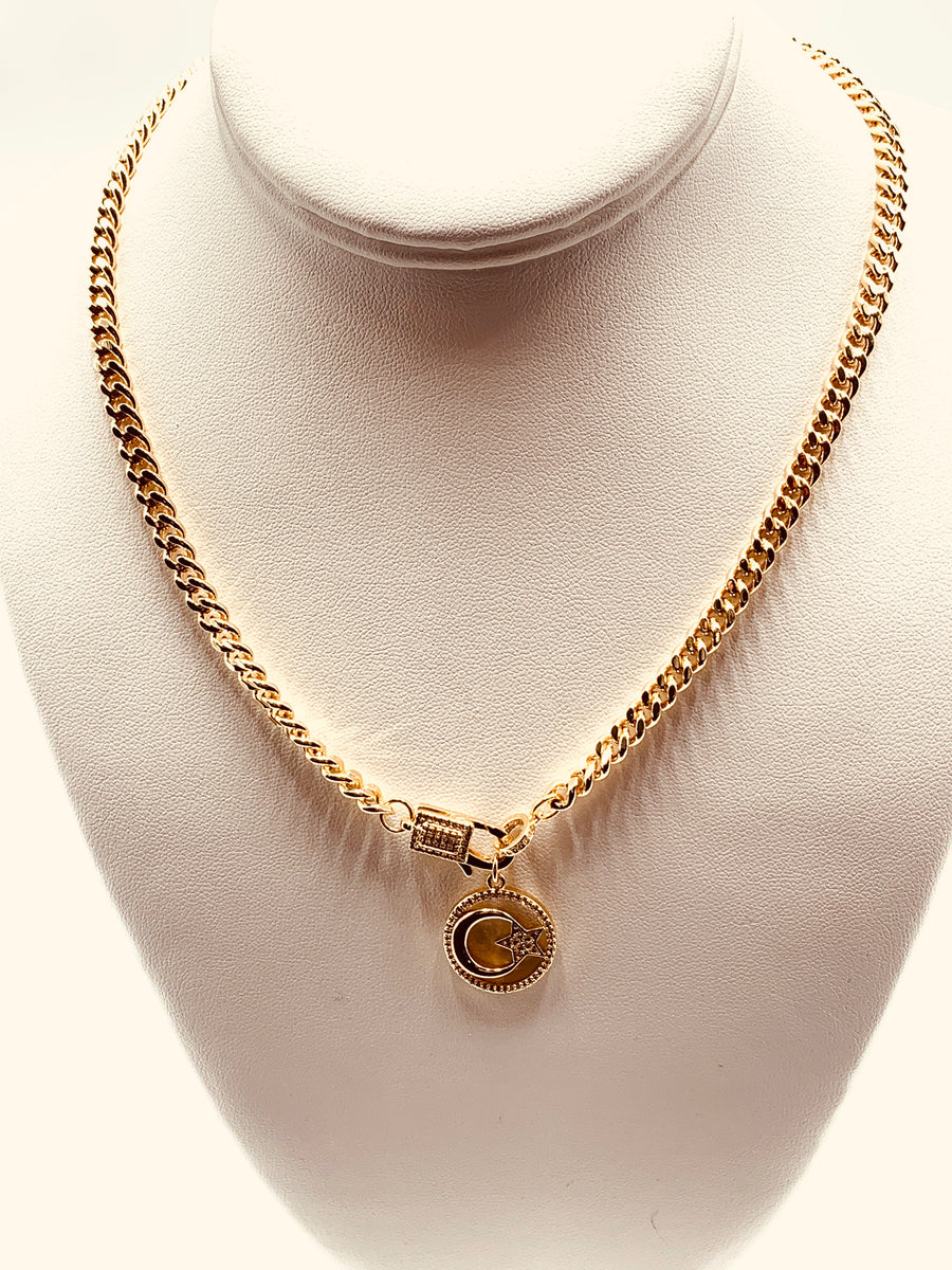 CURB CHAIN COLLECTION- MID SIZE CURB CHAIN NECKLACE  WITH RECTANGLE CZ PAVE LOBSTER CLAW
