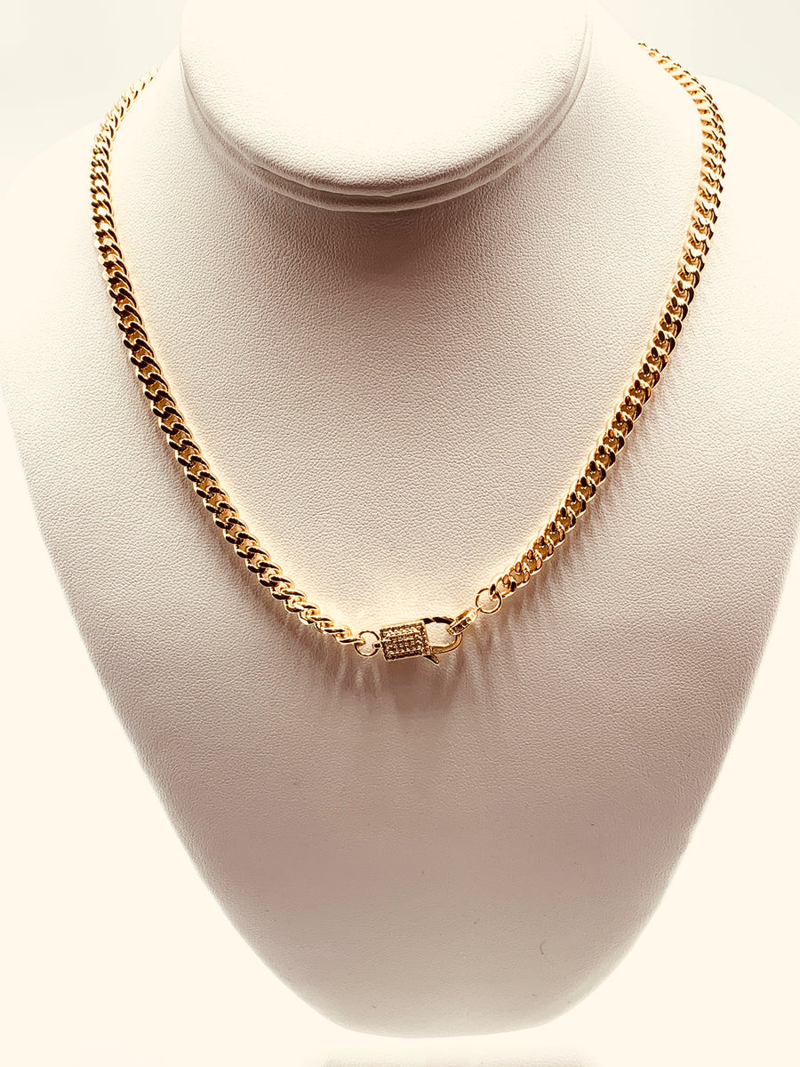CURB CHAIN COLLECTION- MID SIZE CURB CHAIN NECKLACE  WITH RECTANGLE CZ PAVE LOBSTER CLAW