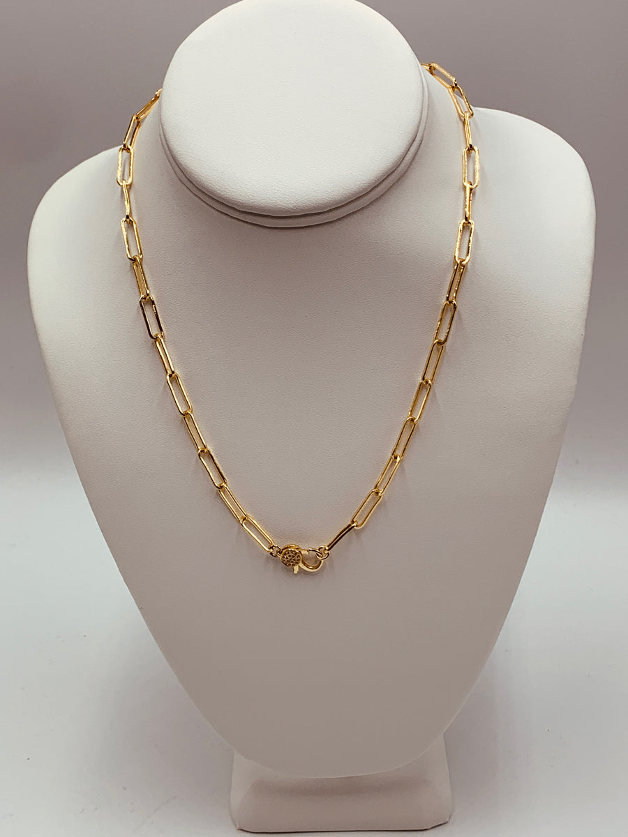 PAPER CLIP CHAIN COLLECTION-LARGE SIZE PAPER CLIP NECKLACE WITH PAVE LOBSTER CLAW GOLD PLATED OR SILVER PLATED