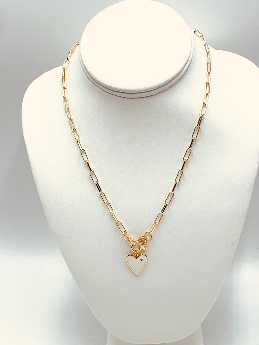 PAPER CLIP CHAIN COLLECTION-MID SIZE PAPER CLIP NECKLACE WITH PAVE CLAW GOLD PLATED OR SILVER PLATED