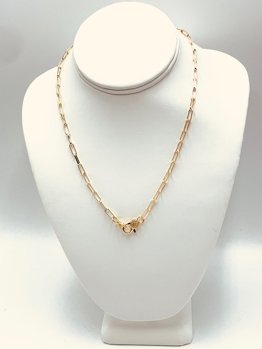 PAPER CLIP CHAIN COLLECTION-MID SIZE PAPER CLIP NECKLACE WITH PAVE CLAW GOLD PLATED OR SILVER PLATED