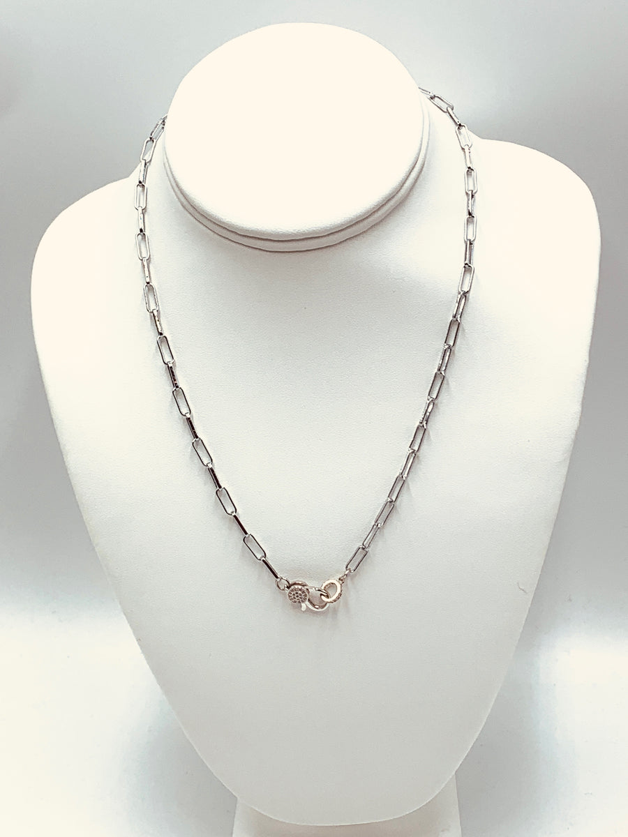 PAPER CLIP CHAIN COLLECTION-MID SIZE PAPER CLIP NECKLACE WITH PAVE CLAW GOLD PLATED OR SILVER PLATED