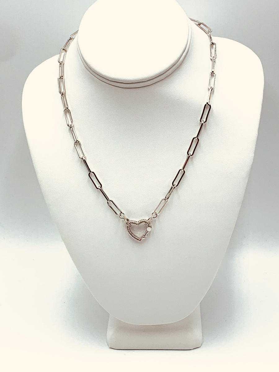PAPER CLIP LINK COLLECTION - LARGE SIZE PAPER CLIP NECKLACE WITH SPRING GATE HEART CLOSURE