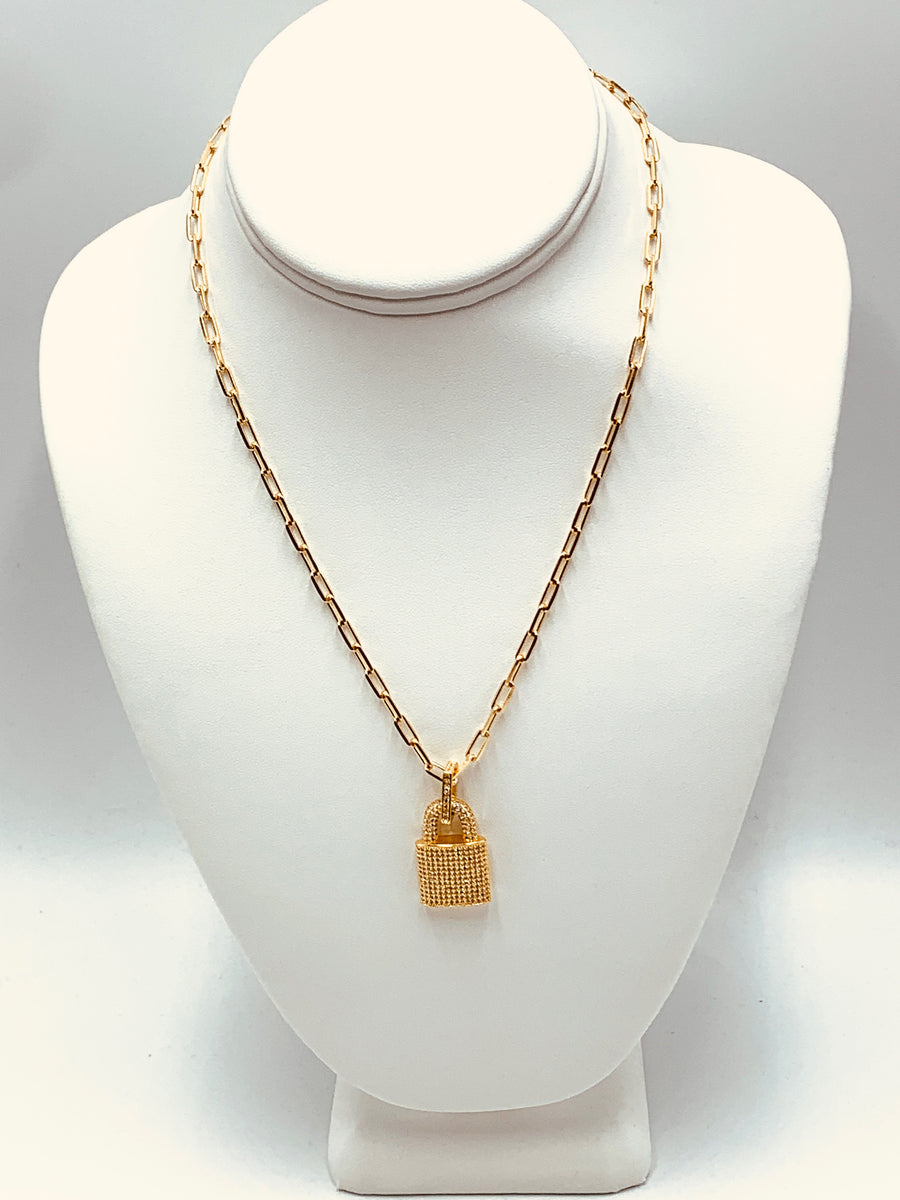 PAPER CLIP CHAIN COLLECTION - PAPER CLIP MID SIZE GOLD FILLED CHAIN WITH PAVE LOCK PENDANT