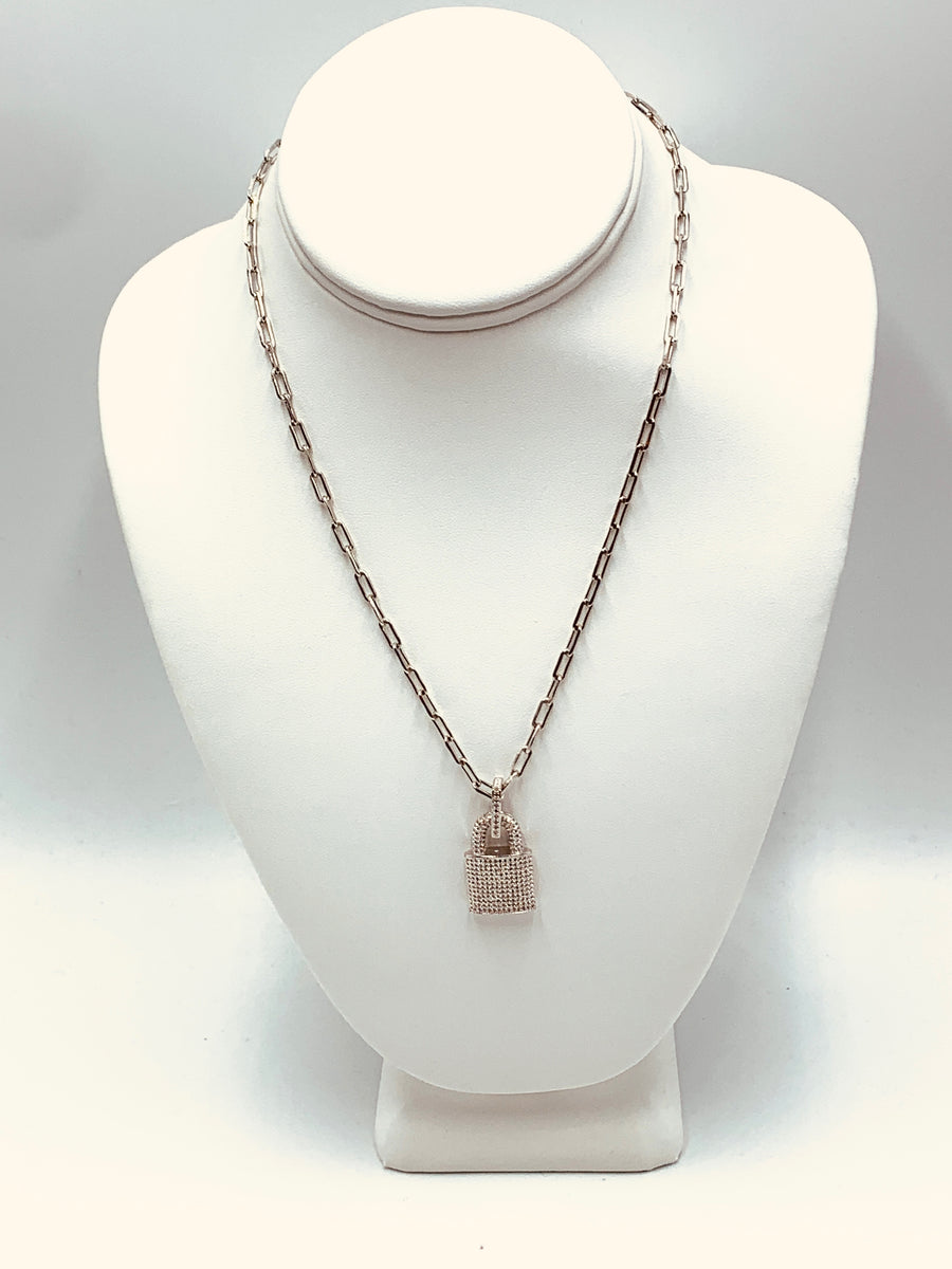 PAPER CLIP CHAIN COLLECTION - PAPER CLIP MID SIZE GOLD FILLED CHAIN WITH PAVE LOCK PENDANT