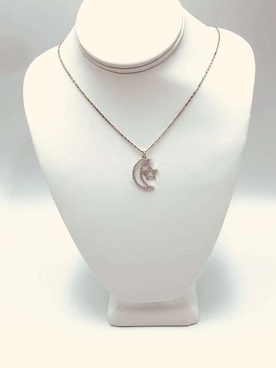 CELESTIAL CHARM & PENDANT NECKLACE COLLECTION -OPEN MOON AND STAR PAVE CZ NECKLACE