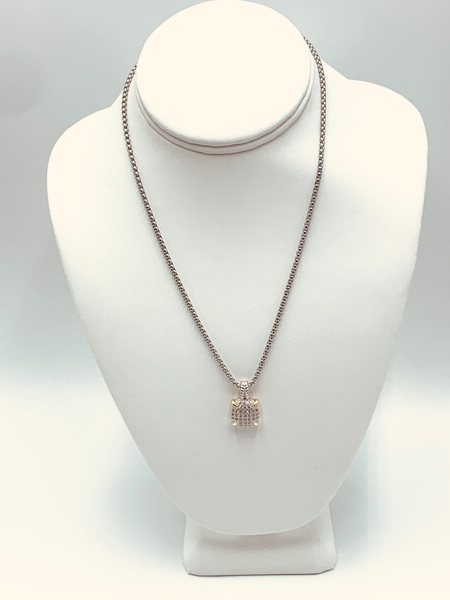 CLASSIC CABLE COLLECTION - CLASSIC CABLE CHAIN WITH SQUARE CLEAR PAVE PENDANT