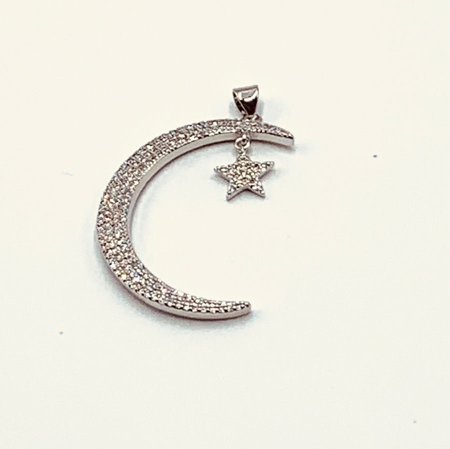 CELESTIAL CHARM COLLECTION-LARGE CZ PAVE SILVER PLATED MOON AND STARS CHARM