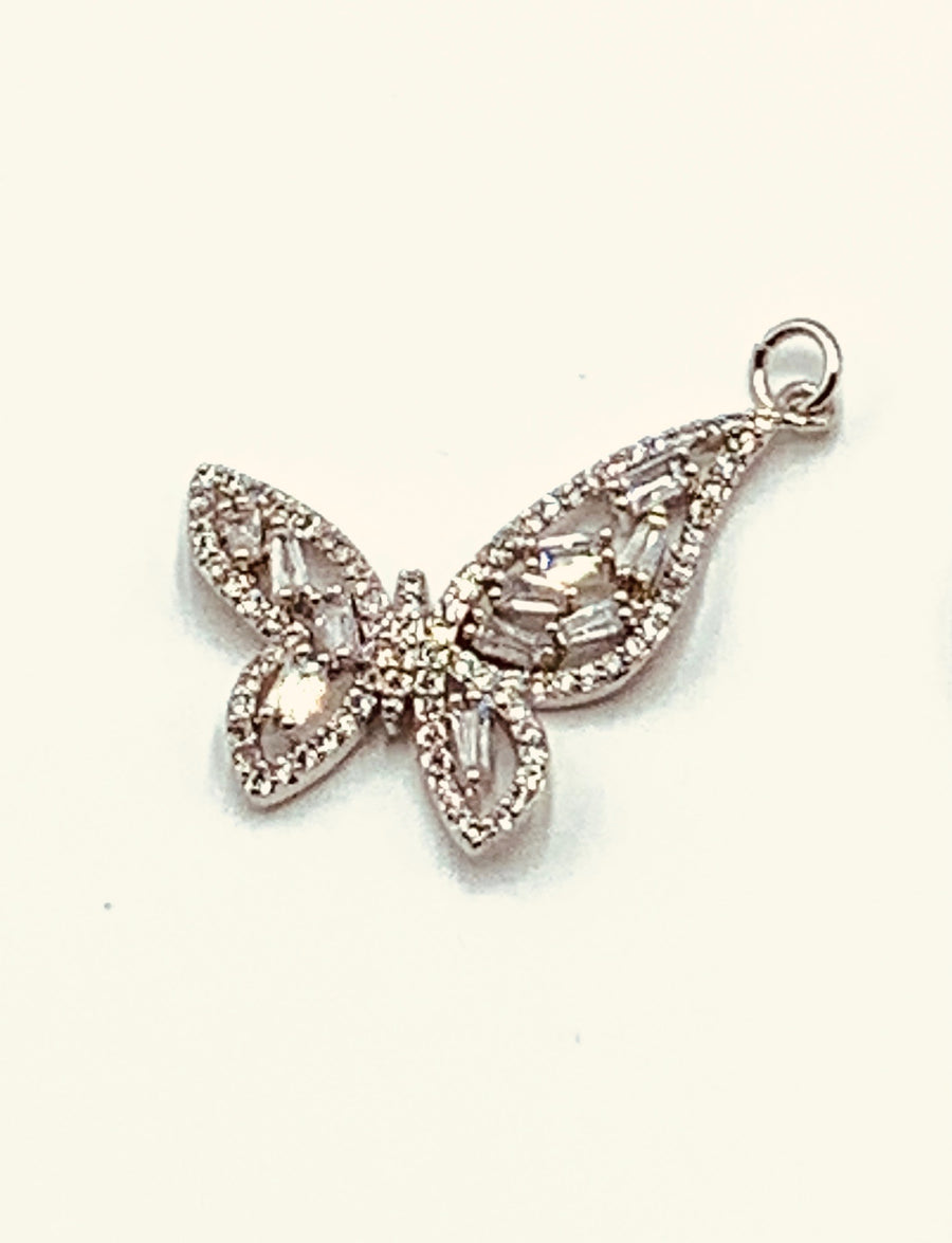 BUTTERFLY CHARM COLLECTION-SILVER PLATED OPEN BUTTERFLY CHARM-PAVE AND BAGUETTE CZ